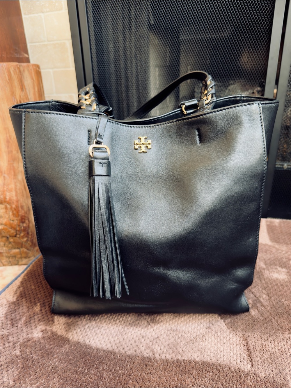 Tory Burch Black Leather Tassel Chain-Handle Tote